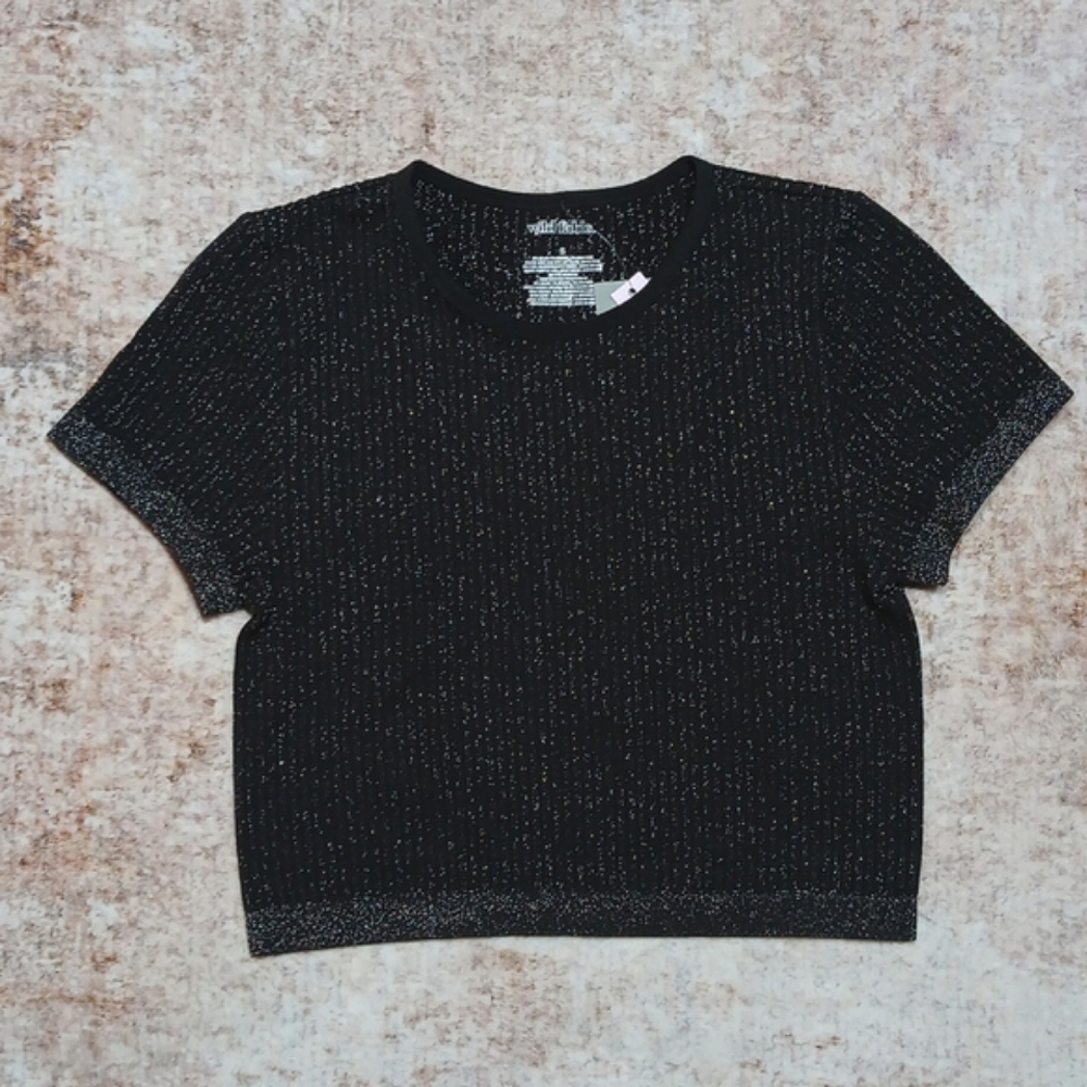 New Black & Silver Mettalic Short Sleeve  Tshirt Crop Top Womens Sz Small